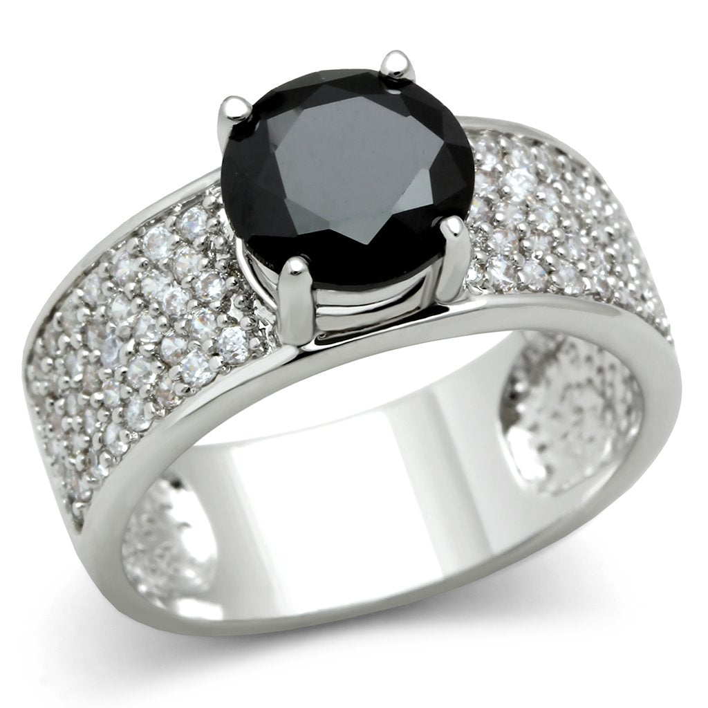 JCE145 Rhodium Brass Ring with AAA Grade CZ  in Jet