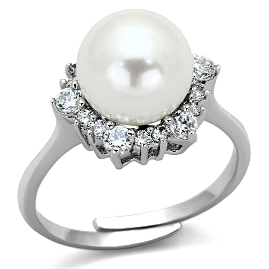 JCE477 Rhodium Brass Ring with Synthetic Pearl in White